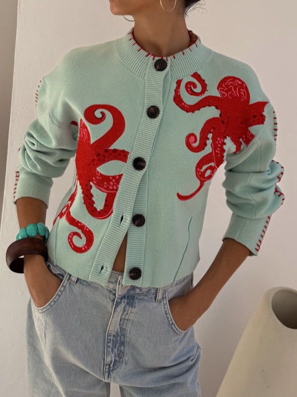 Réaveil | Cardigan Femme Motif Pieuvre Manches Longues - Light Green - Image 1