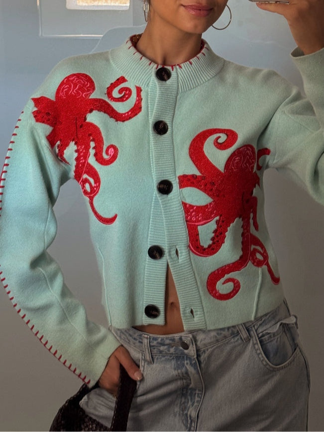 Réaveil | Cardigan Femme Motif Pieuvre Manches Longues - Light Green - Image 5