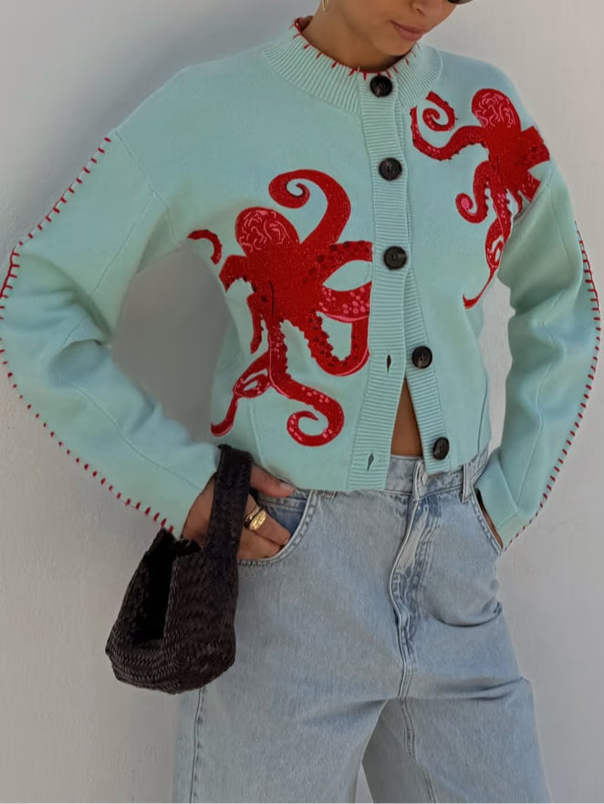 Réaveil | Cardigan Femme Motif Pieuvre Manches Longues - Light Green - Image 3