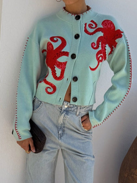 Réaveil | Cardigan Femme Motif Pieuvre Manches Longues - Light Green - Image 4