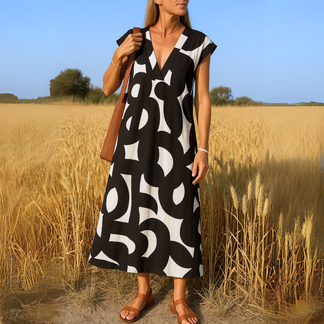 Adelheid | Women's V Neck Geometric Print Midi Dress - Image 1