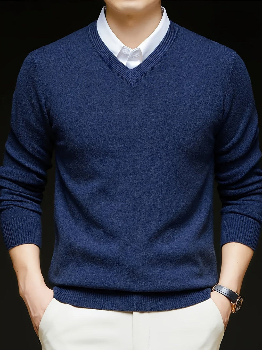 Évrand | Homme Pull Col V Tricoté Classique - Navy - Image 3