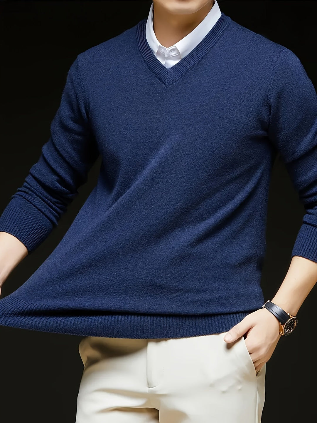 Évrand | Homme Pull Col V Tricoté Classique - Navy - Image 5