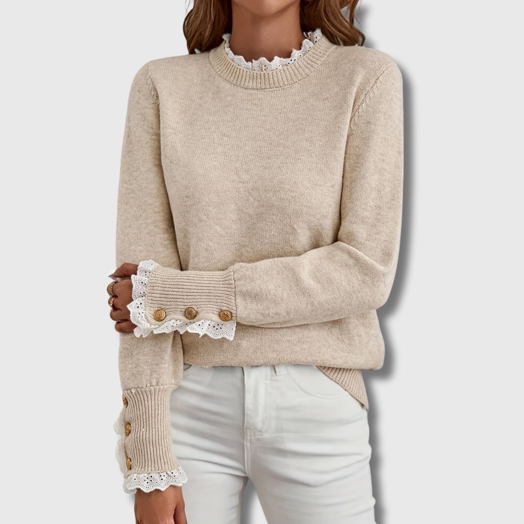 Ameliana | Women's Lace Trim Round Neck Long Sleeve Sweater - Beige - Image 1