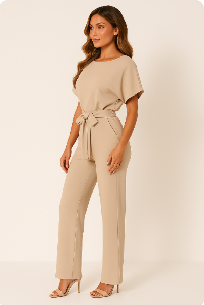 Anika | Women's Short Sleeve Straight Leg Jumpsuit - Beige - Image 1