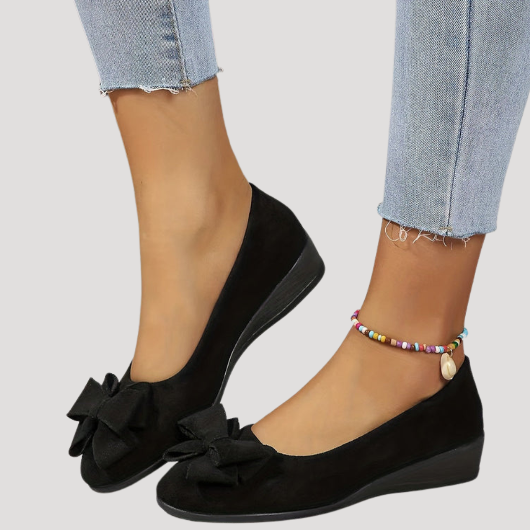 Anneliese | Women's Bow Round Toe Slip-On Wedge Flat - Black - Image 1
