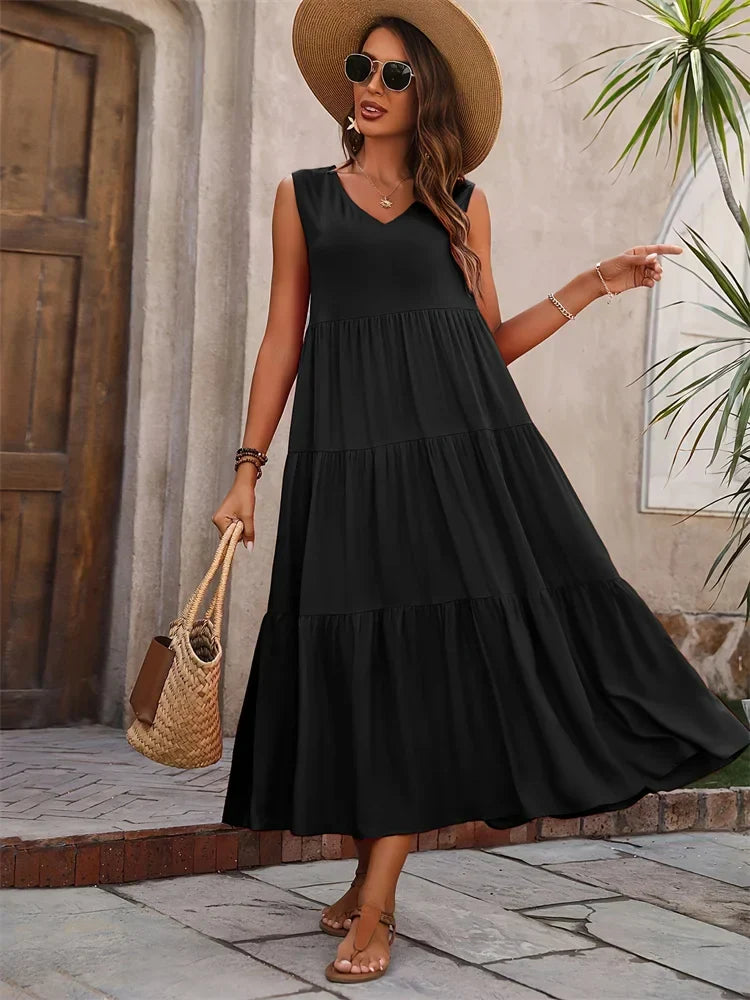 Ansley | Women's V Neck Sleeveless Maxi Dress - Image 1