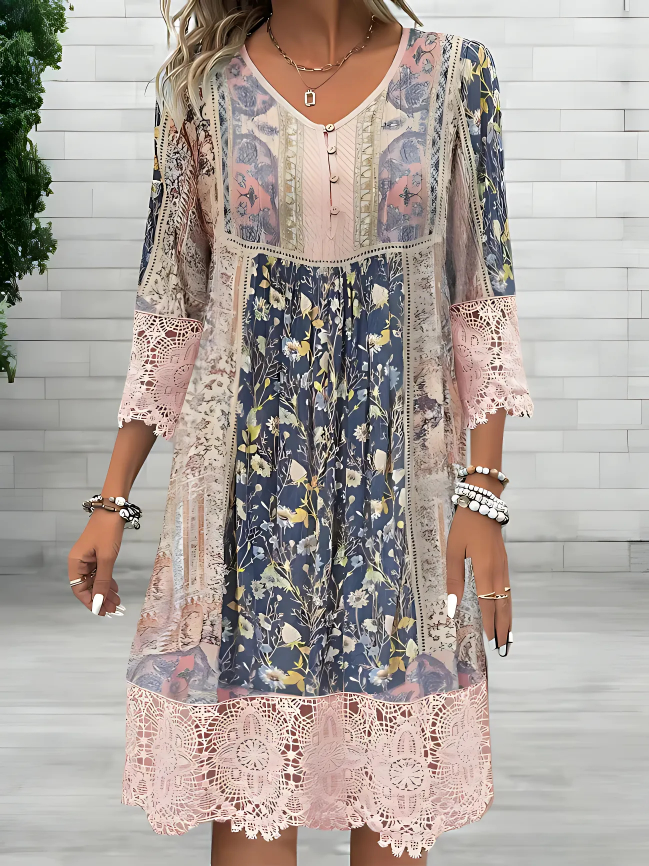 Araminta | Women's Floral V-Neck 3/4 Sleeve Boho Dress - Image 1