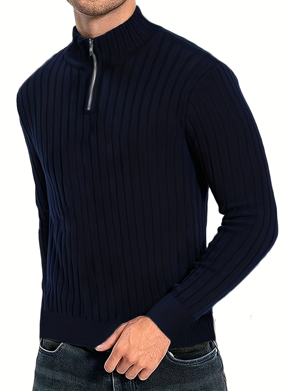Arvand | Homme Pull Col Montant Zippé Côtelé - Navy - Image 2