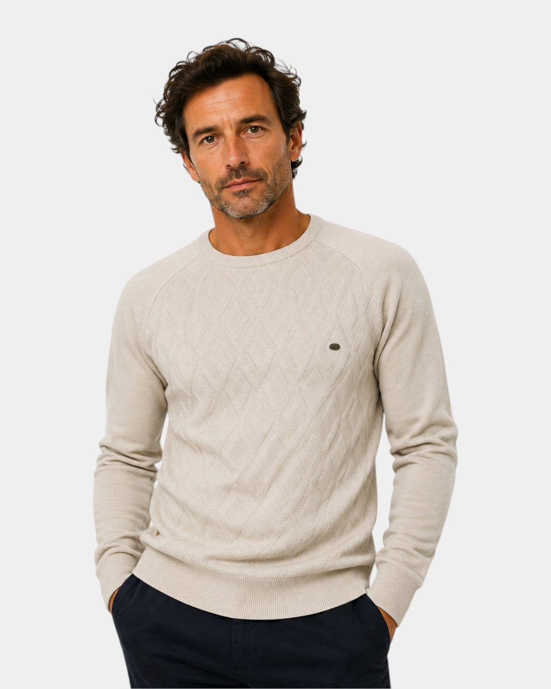 Arveld | Homme Pull Col Rond Jacquard Maille - Beige - Image 1