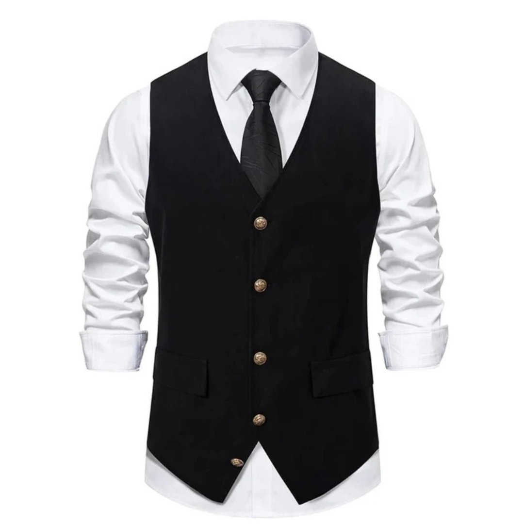 Arvoine | Homme Gilet Costume Slim Fit Boutons Dorés - Black - Image 1