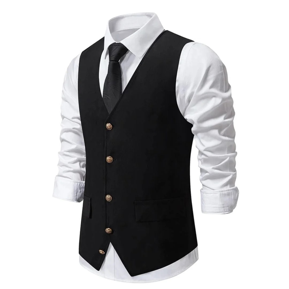 Arvoine | Homme Gilet Costume Slim Fit Boutons Dorés - Black - Image 2