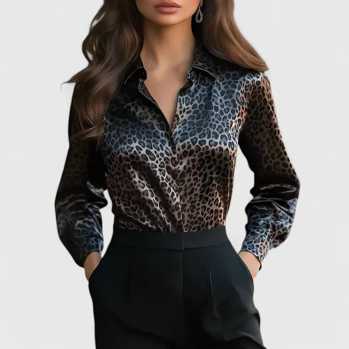 Astrid | Women's Leopard Print Collared Long Sleeve Blouse - Image 1