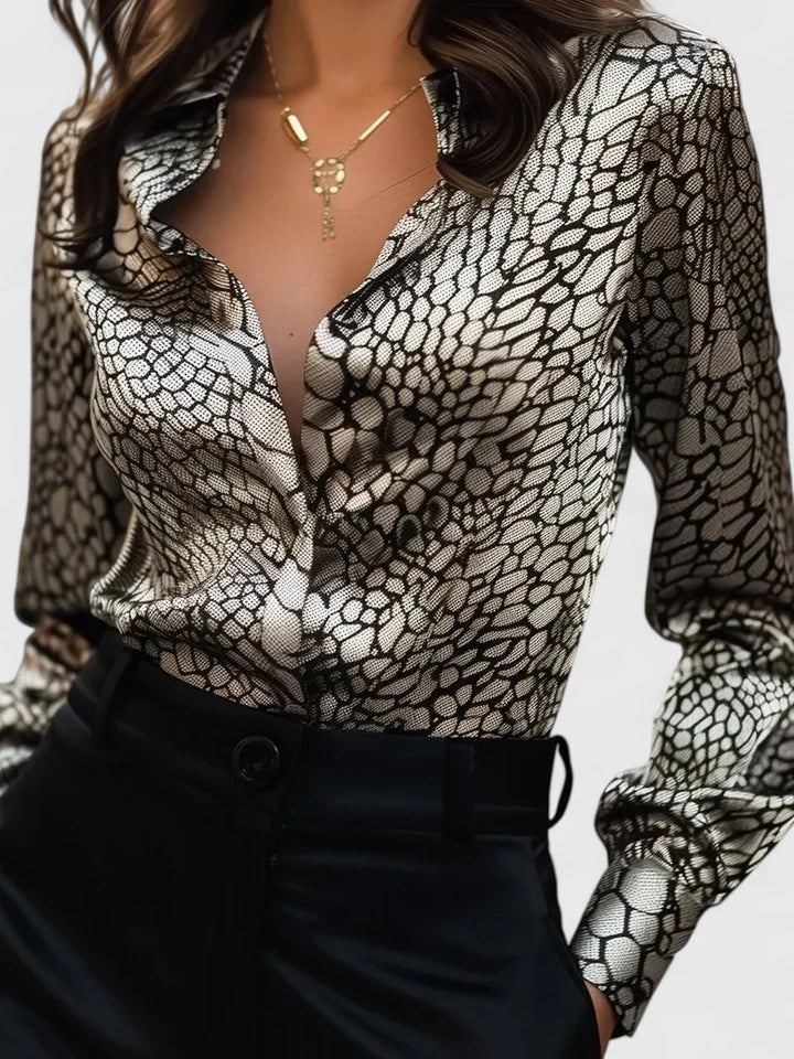 Astrid | Women's Leopard Print Collared Long Sleeve Blouse - Image 2