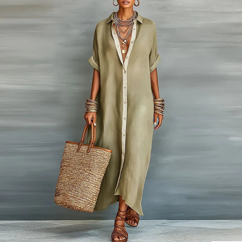 Aurelie | Women's Collared Button-Down Relaxed Maxi Dress - Sage - Image 1