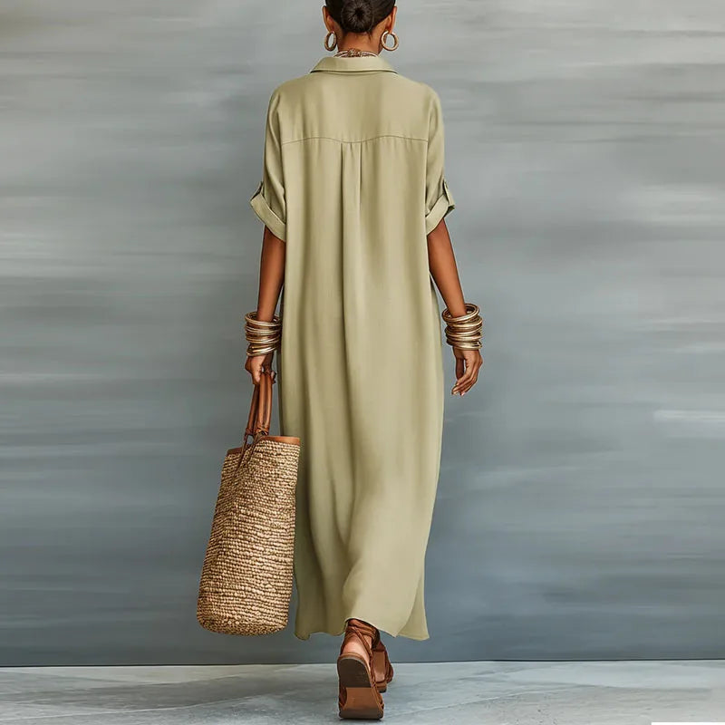 Aurelie | Women's Collared Button-Down Relaxed Maxi Dress - Sage - Image 2