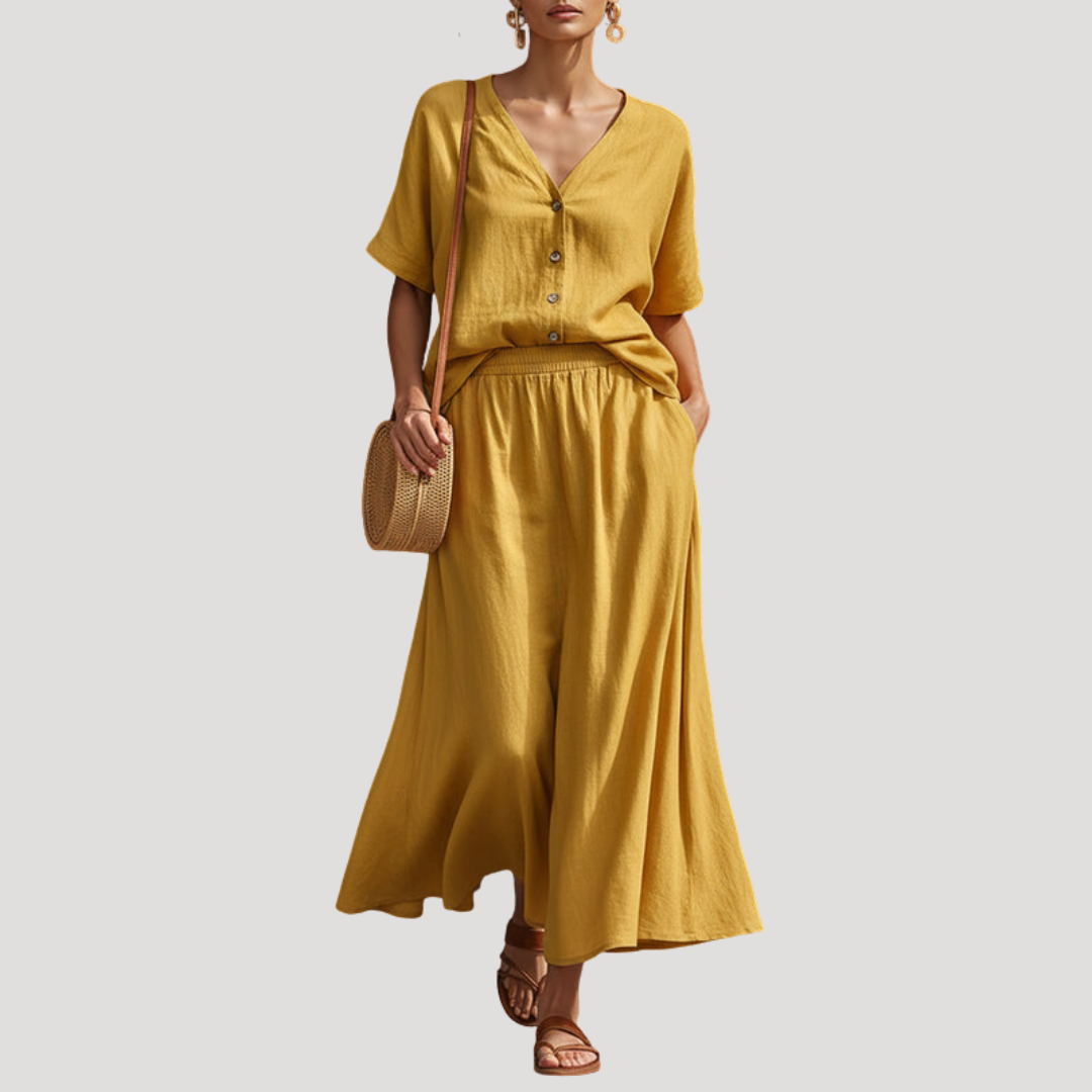 Aurelie | Women's Two Piece V-Neck Midi Skirt Set - Mustard - Image 1