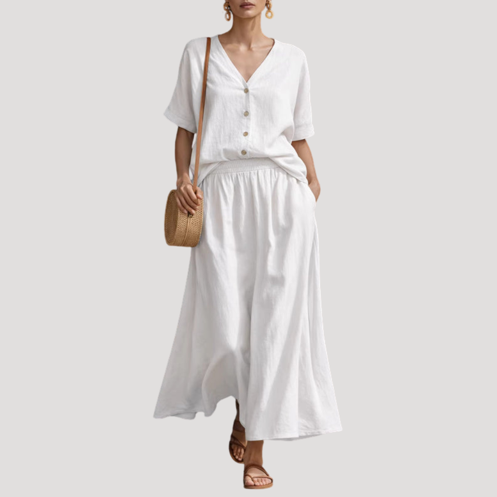 Aurelie | Women's Two Piece V-Neck Midi Skirt Set - Mustard - Image 2