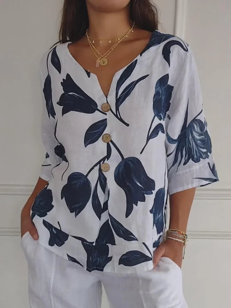 Auriana | Women's Floral V-Neck Button-Up Blouse - Image 1