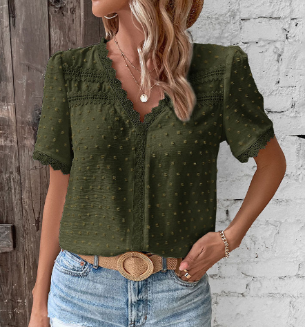 Aurore | Women's V-Neck Lace Trim Short Sleeve Blouse - Camel - Image 2