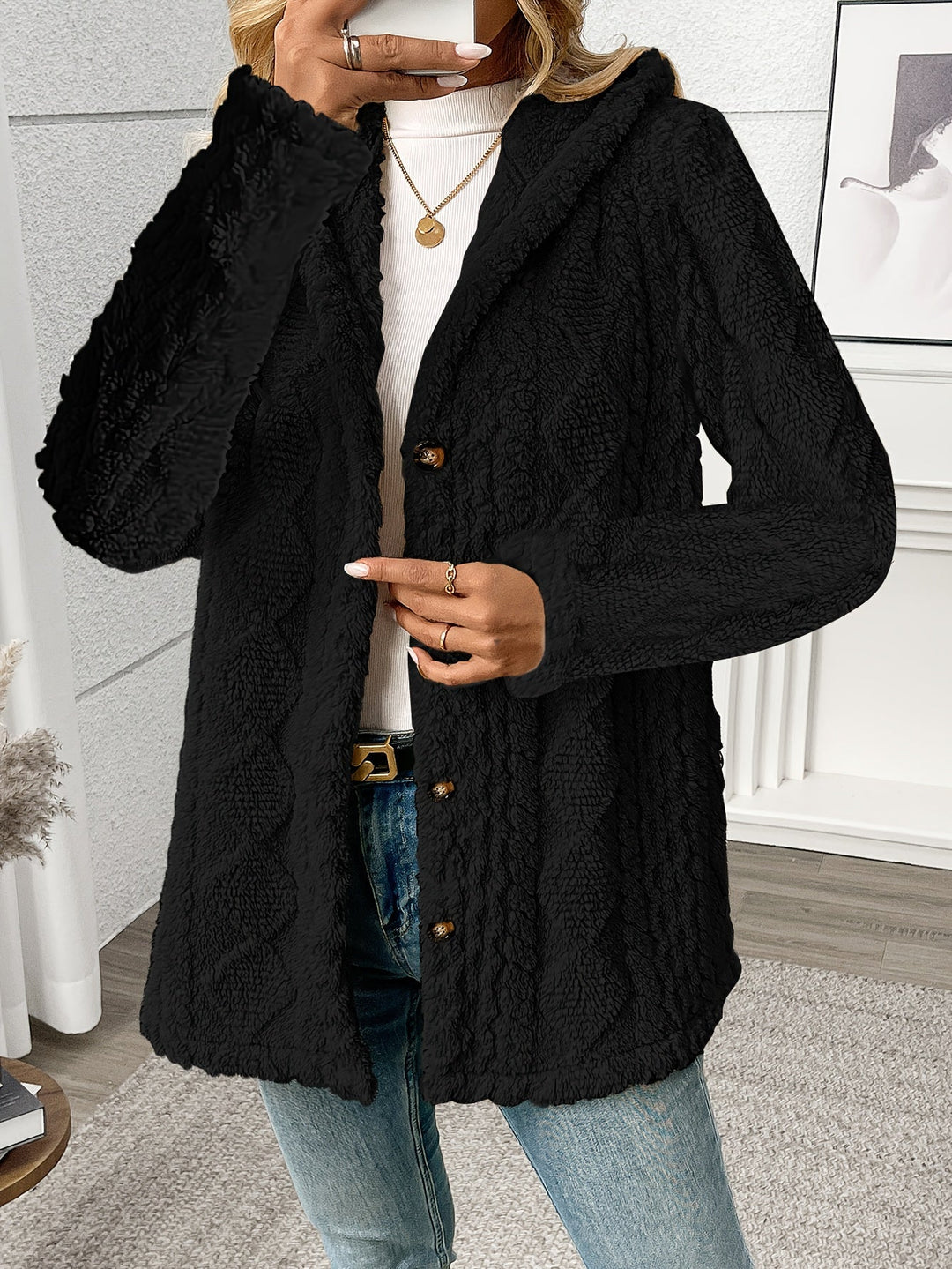 Béatrix | Femme Manteau Sherpa Boutonné à Capuche - Black - Image 3