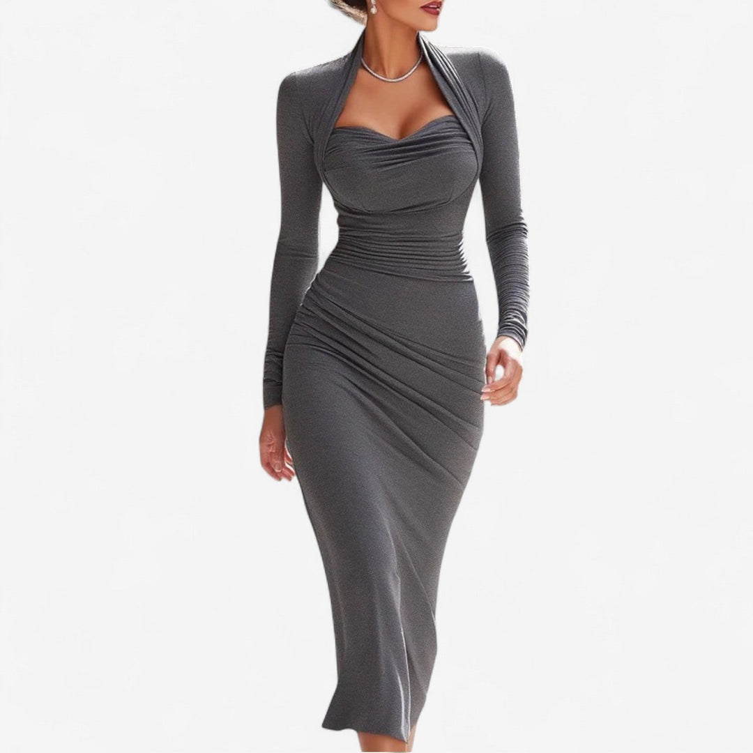 Beatrix | Women's Halter Neck Long Sleeve Midi Dress - Grey - Image 1