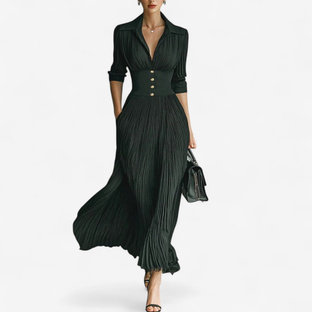 Bellona | Women's Collared Pleated Long Sleeve Maxi Dress - Dark Green - Image 1