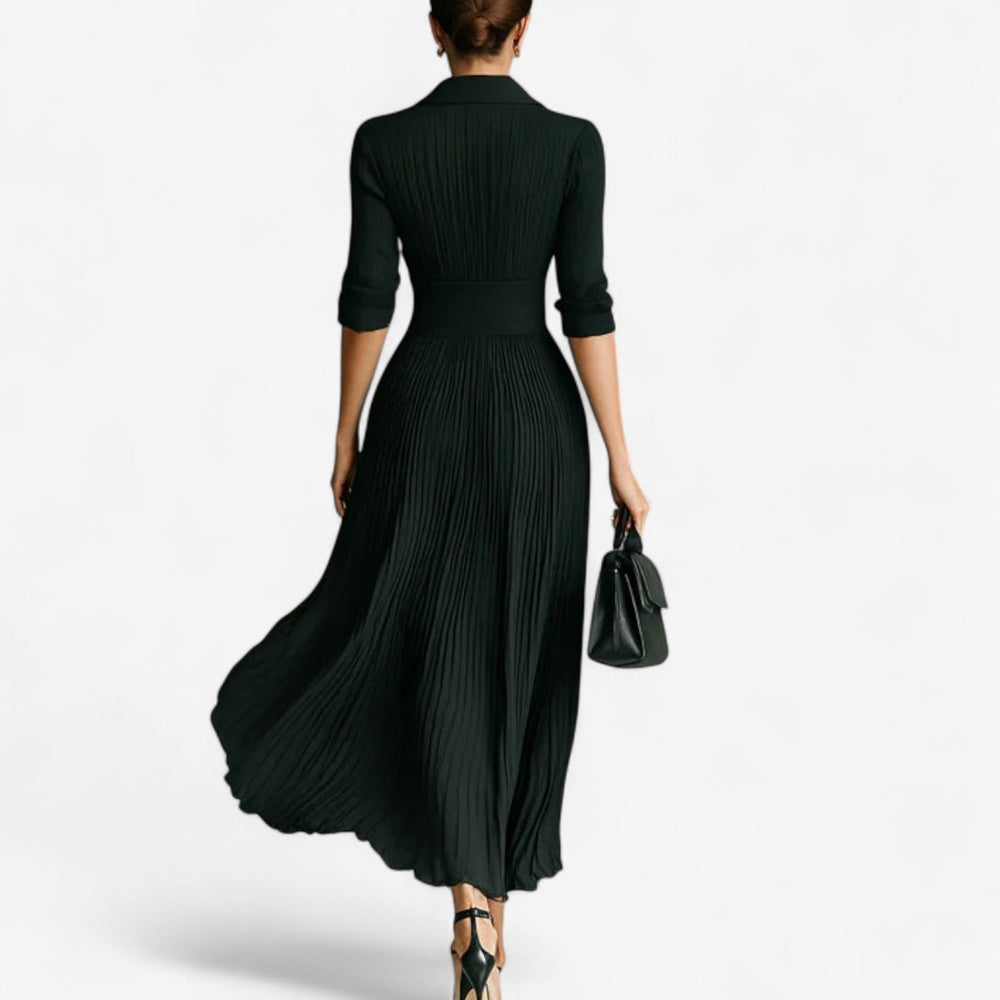 Bellona | Women's Collared Pleated Long Sleeve Maxi Dress - Dark Green - Image 2