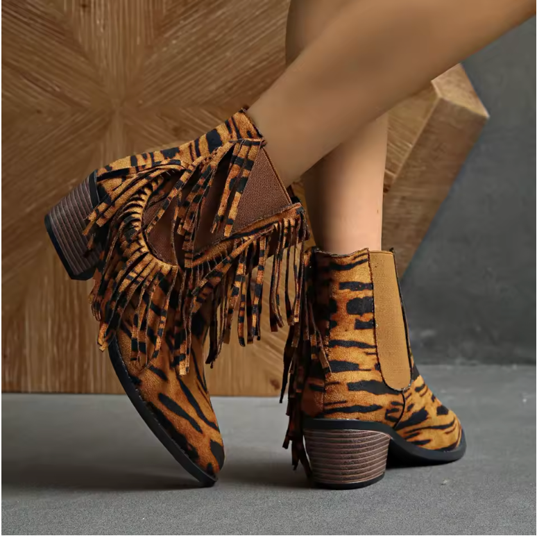 Bellona | Women's Fringe Leopard Print Ankle Boots - Image 1