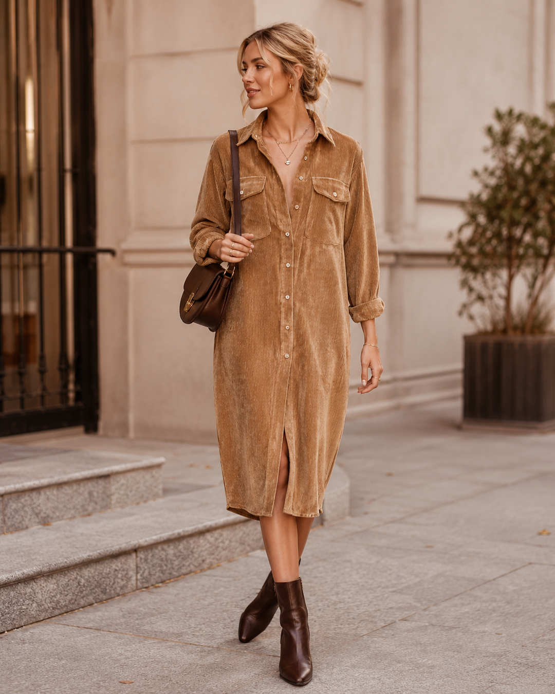Belvyne | Femme Robe Chemise Velours Côtelé Midi - Camel - Image 1