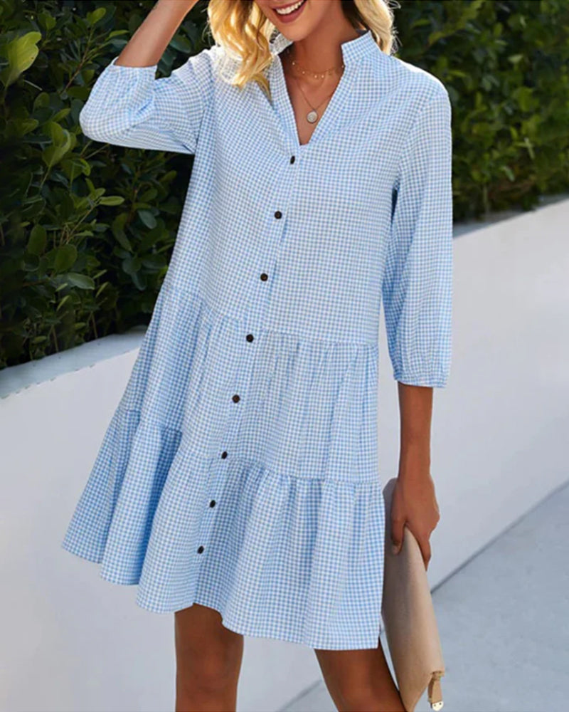 Bernadette | Women's Gingham Check Button Down Dress - Light Blue - Image 1