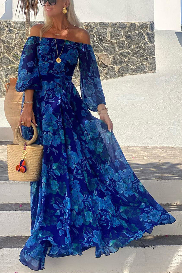 Bianca | Women's Off Shoulder Floral Long Sleeve Maxi Dress - Blue - Image 1