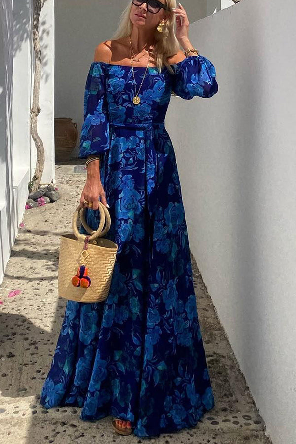 Bianca | Women's Off Shoulder Floral Long Sleeve Maxi Dress - Blue - Image 2