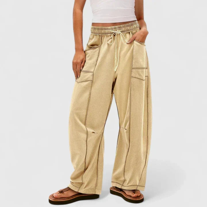 Blythe | Women's Wide Leg Drawstring Pants - Light Brown - Image 2