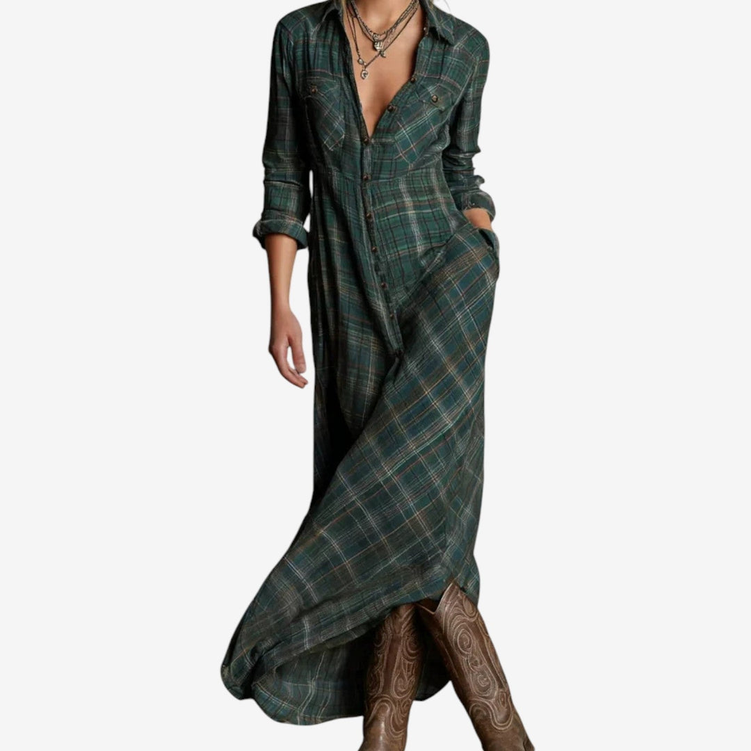 Bréavane | Femme Robe Chemise Longue Carreaux Automne - Dark Green - Image 1
