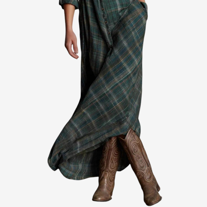 Bréavane | Femme Robe Chemise Longue Carreaux Automne - Dark Green - Image 4