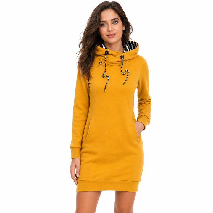 Bréavelle | Femme Robe Pull à Capuche Zèbre - Mustard - Image 6