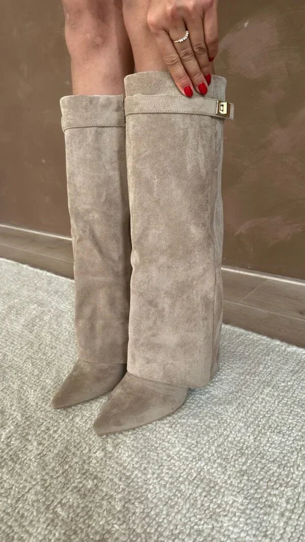 Bréavyne | Femme Bottes Genoux Suédine Boucle Dorée - Taupe - Image 1