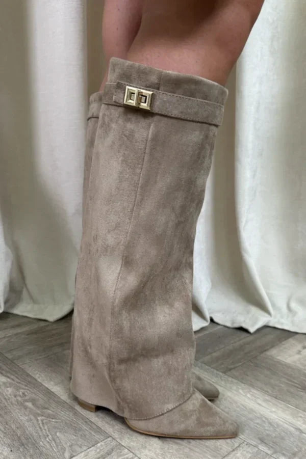 Bréavyne | Femme Bottes Genoux Suédine Boucle Dorée - Taupe - Image 2