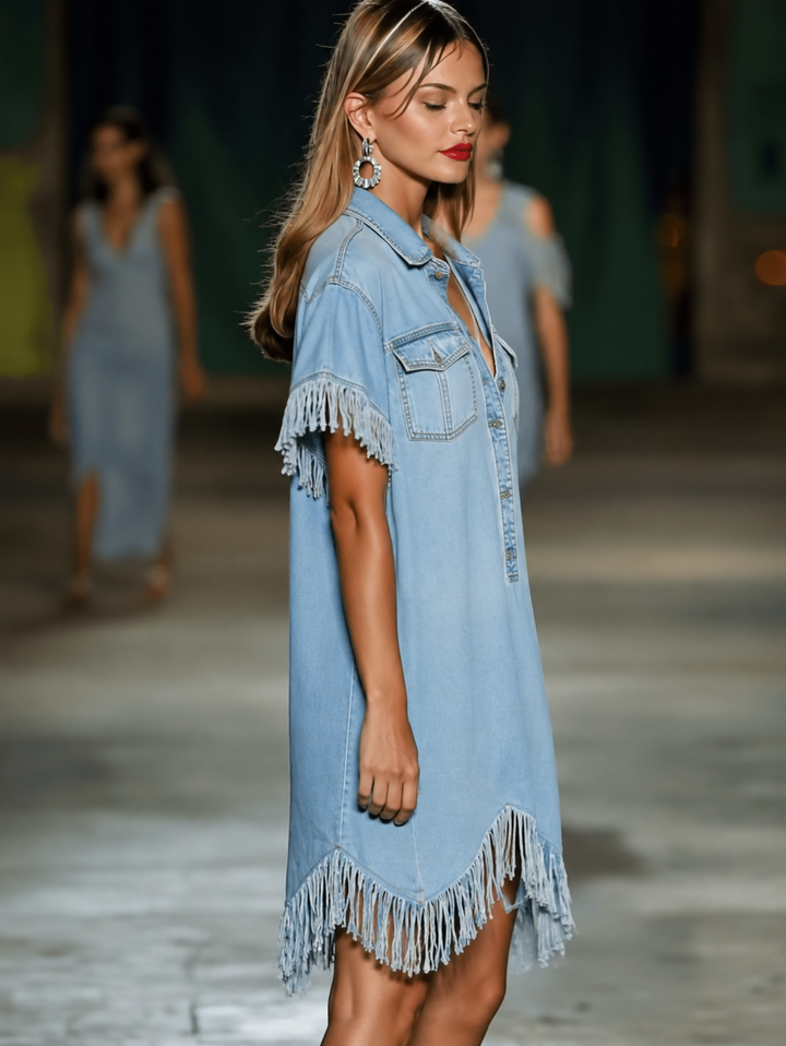 Bérengère | Femme Robe en Jean Frangée Mini - Light Blue - Image 3