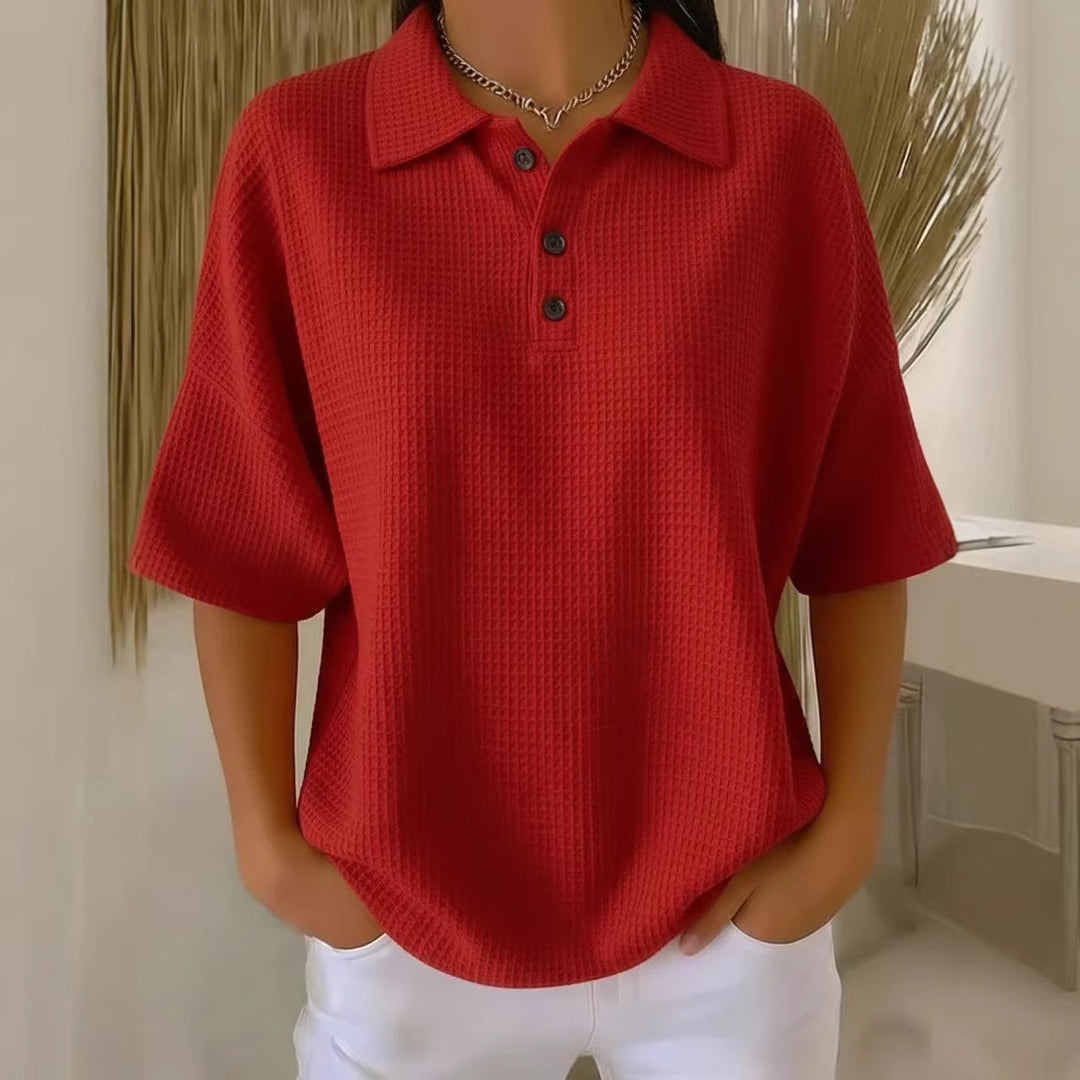 Brenna | Women's Collared Short Sleeve Polo Top - Red - Image 1
