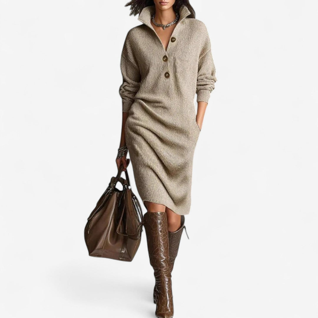 Brenna | Women's Knit Sweater Dress Ribbed Midi - Beige - Image 1