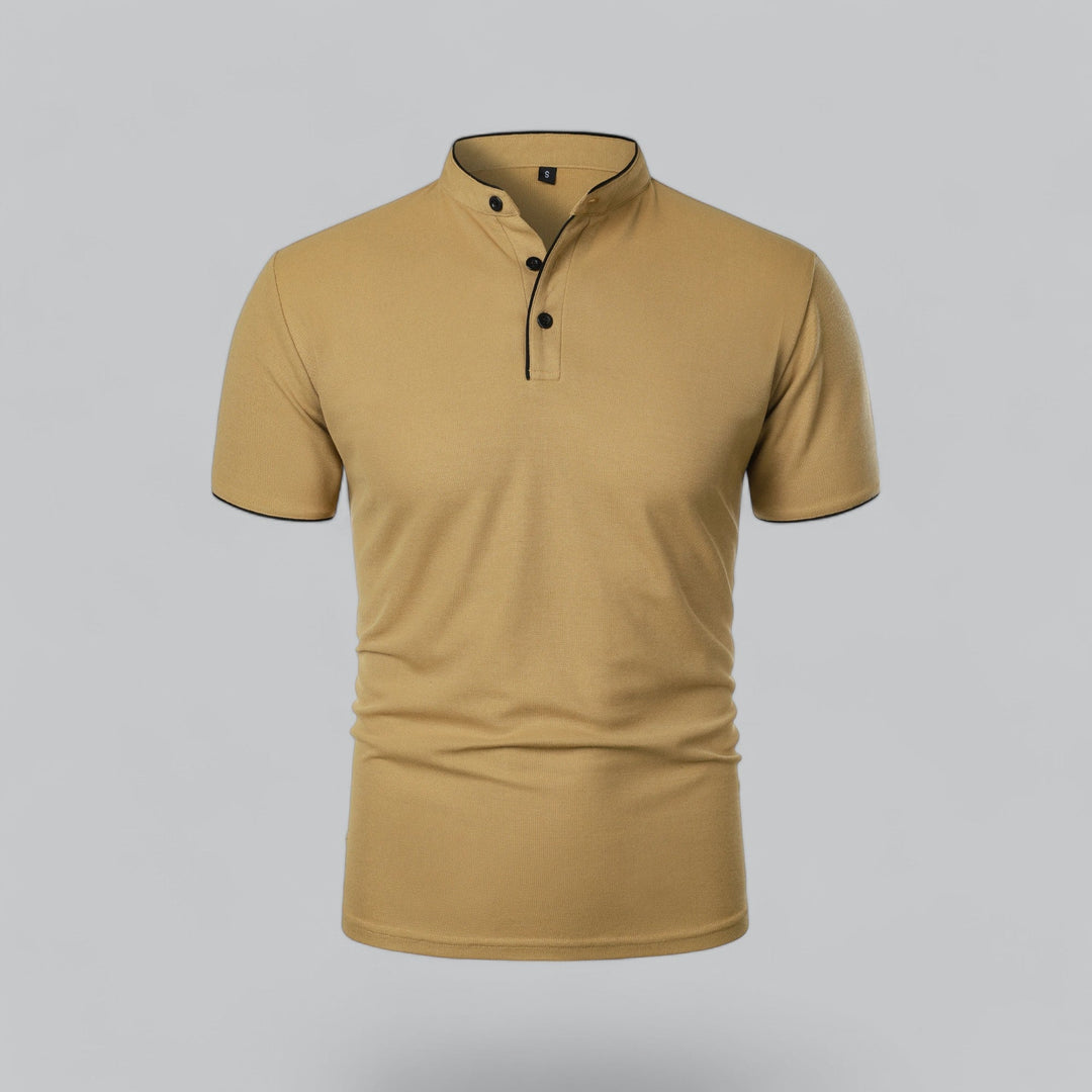 Brennan | Men's Mandarin Collar Short Sleeve Polo Shirt - Camel - Image 1