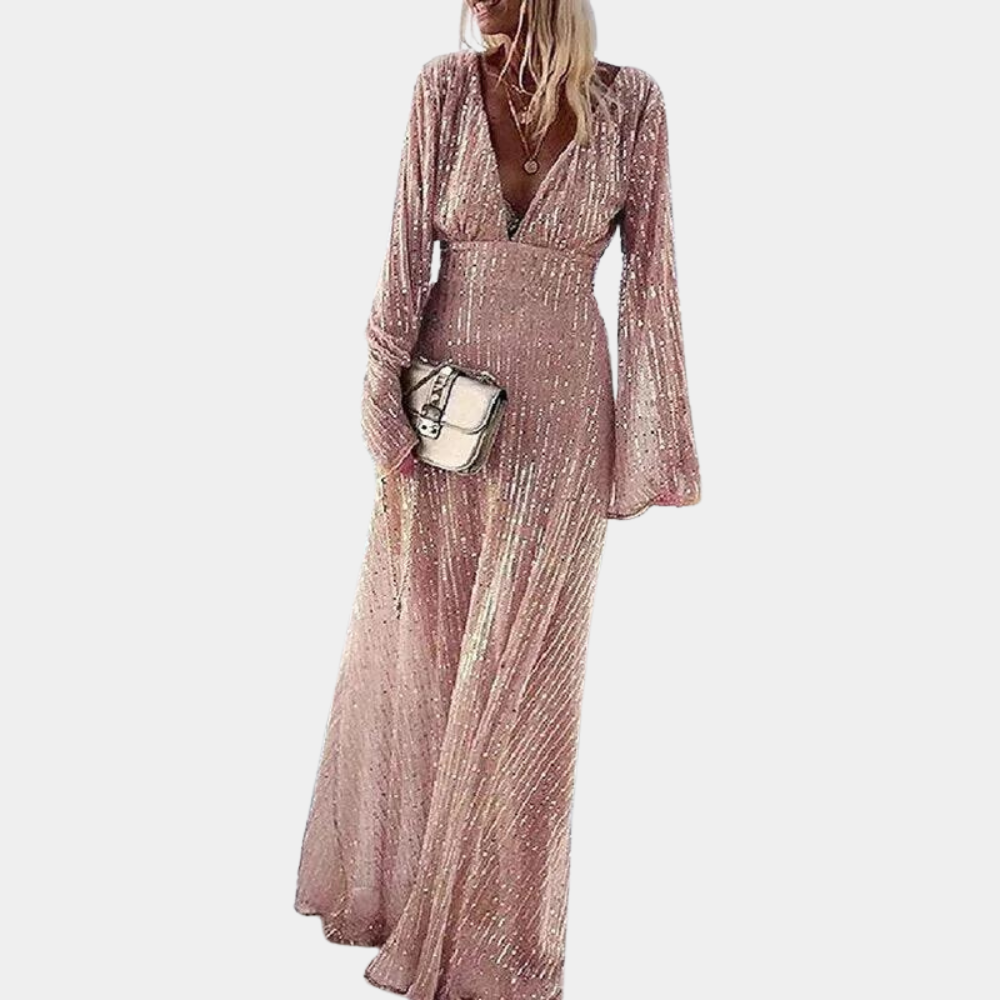 Briavorne | Femme Robe de Soirée Longue Sequins Col V - Pink - Image 1