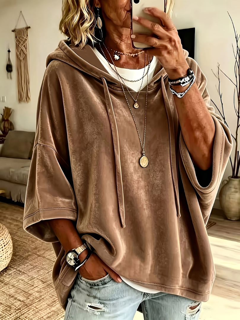 Brielvane | Femme Sweat à Capuche Oversize Velours - Taupe - Image 2