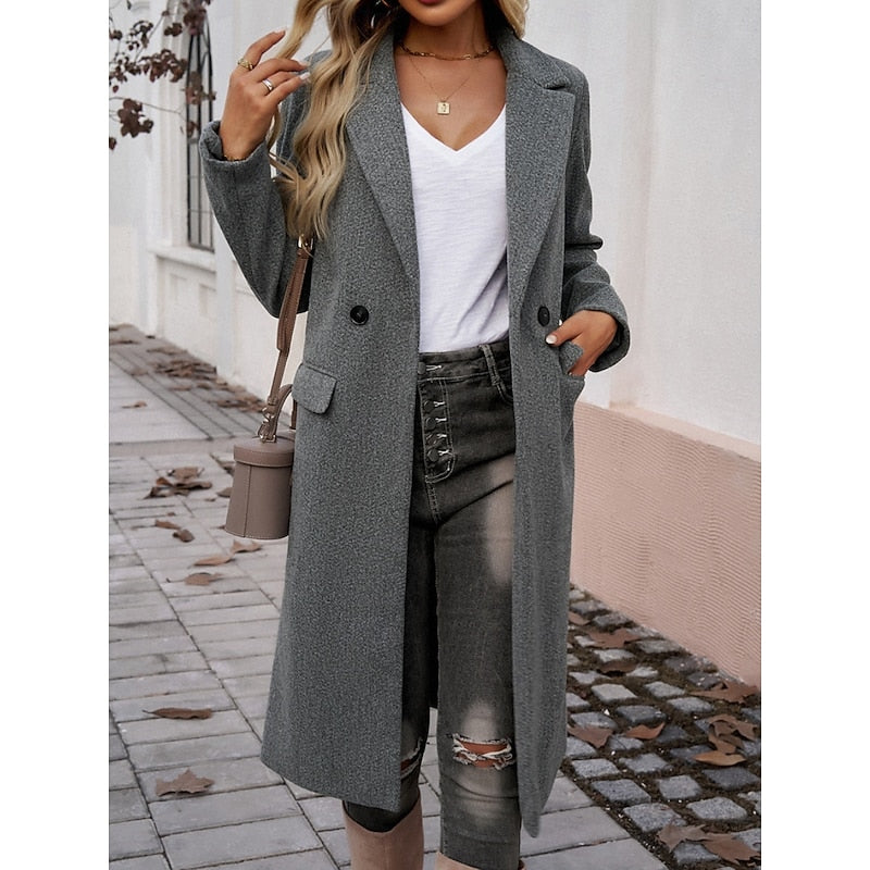 Brélise | Femme Manteau Long Col Tailleur - Grey - Image 3