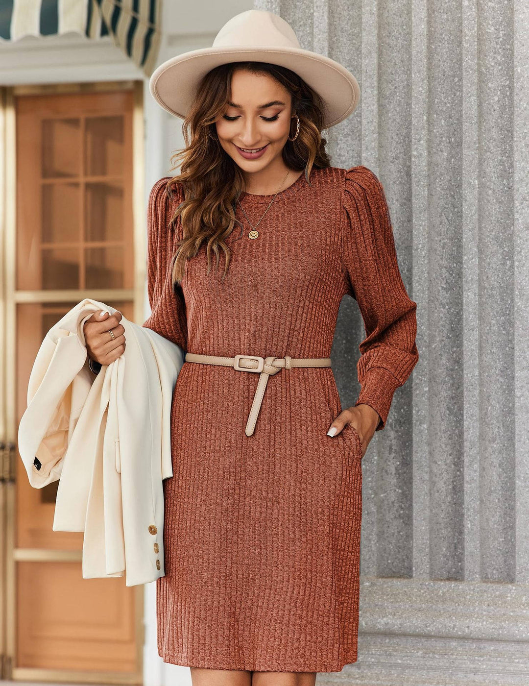 Brévane | Femme Robe Pull Manches Bouffantes Côtelée - Black - Image 16