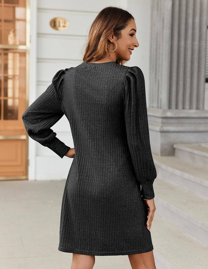 Brévane | Femme Robe Pull Manches Bouffantes Côtelée - Black - Image 2