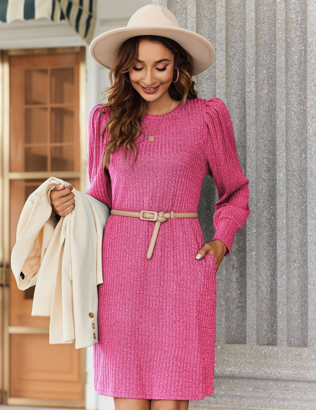 Brévane | Femme Robe Pull Manches Bouffantes Côtelée - Black - Image 4