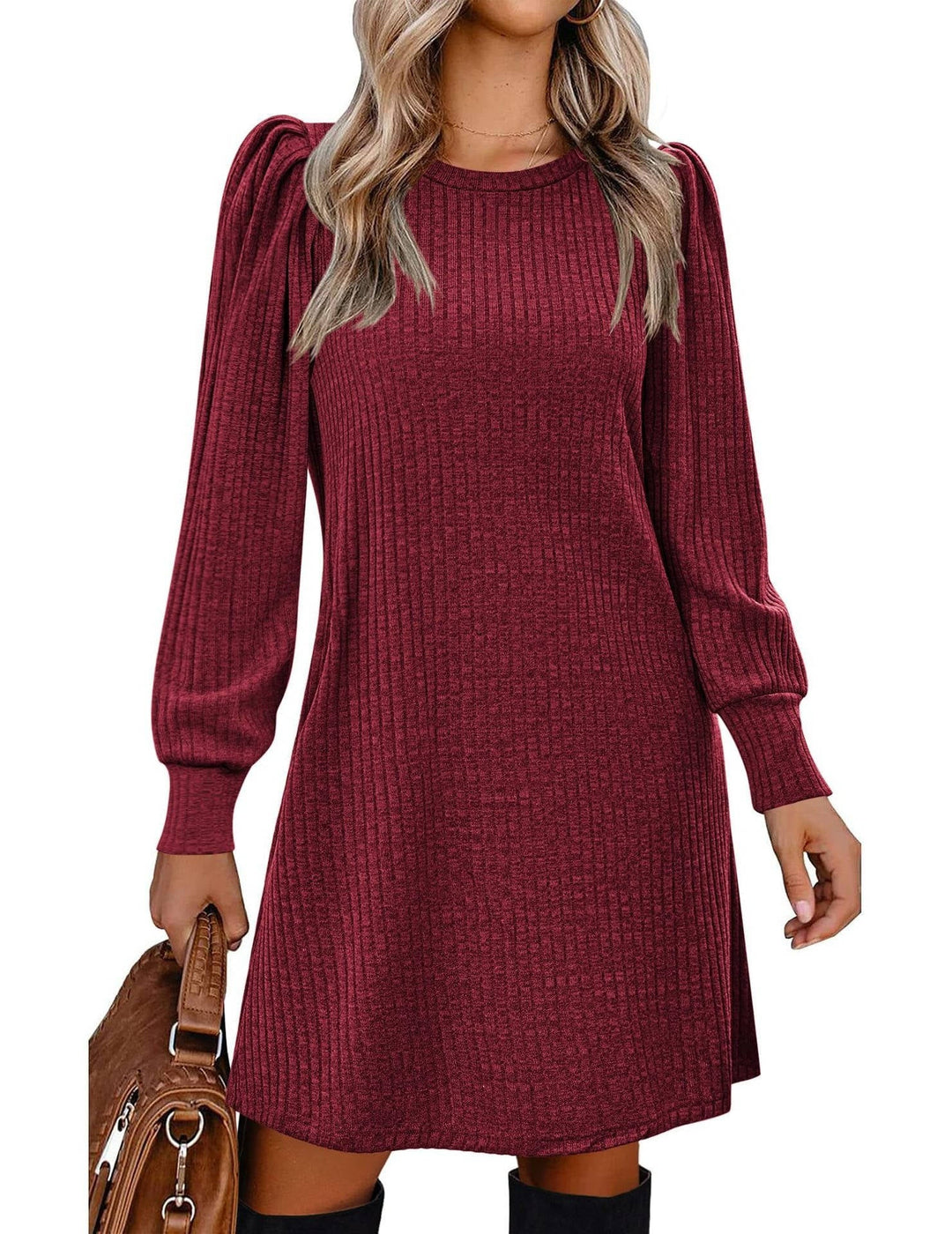 Brévane | Femme Robe Pull Manches Bouffantes Côtelée - Black - Image 7